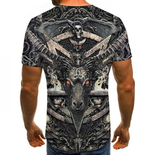 Men's T shirt Graphic 3D Skull Print Short Sleeve Halloween Tops Rock Streetwear Round Neck Army Green