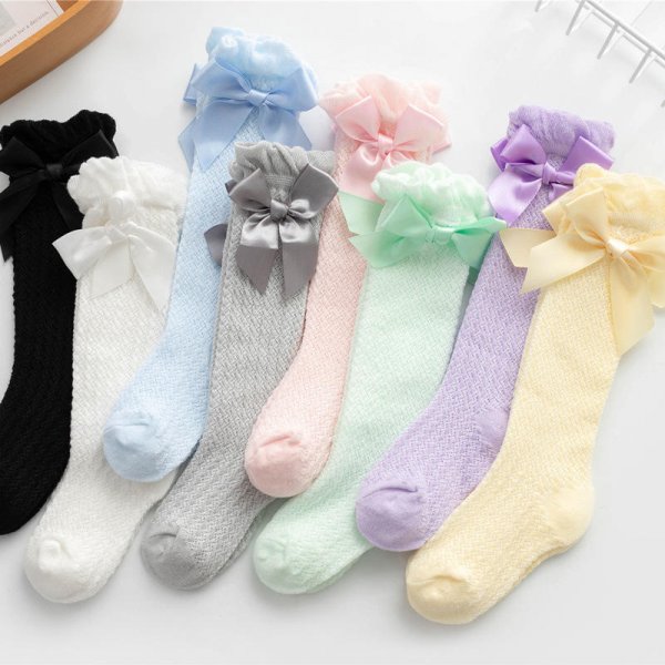 Newborn Girls Summer Colorful Bowknot Lace Plain Color Middle Tube Socks Toddler Thin Net Breathable Baby Ruffle Princess Socks