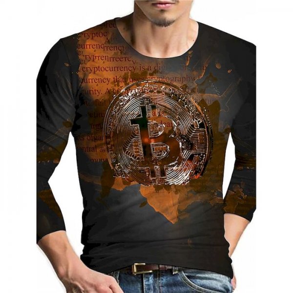 Men's Unisex Tee T shirt Shirt 3D Print Graphic Prints Bitcoin Print Long Sleeve Daily Tops Casual Designer Big and Tall Brown