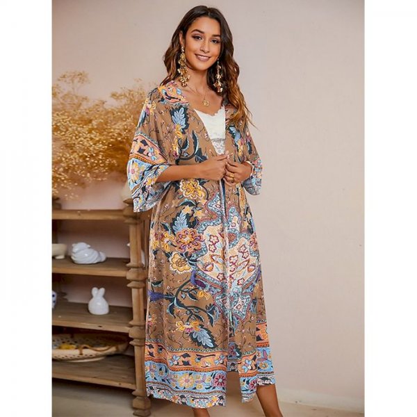 Women's Trench Coat Daily Holiday Summer Maxi Coat Loose Boho Jacket Half Sleeve Print Print Red