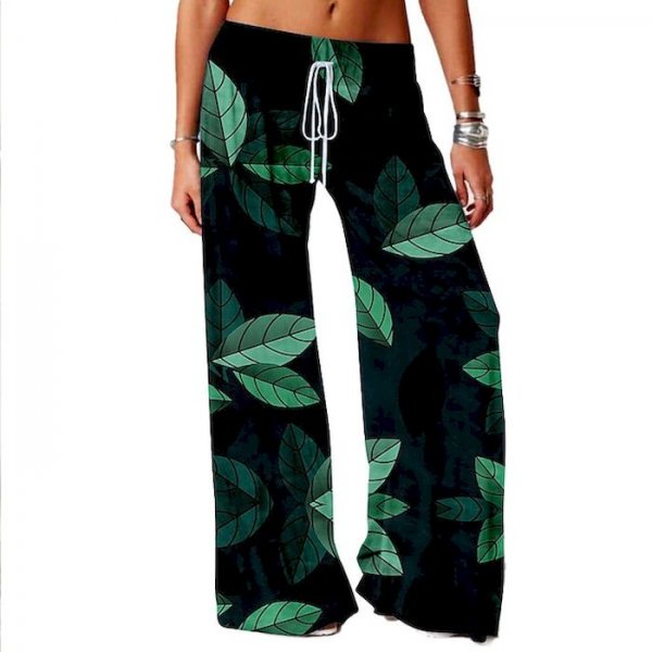 Women's Basic Soft Comfort Daily Home Wide Leg Pants Tropical Leaf Full Length Elastic Drawstring Design Print Black