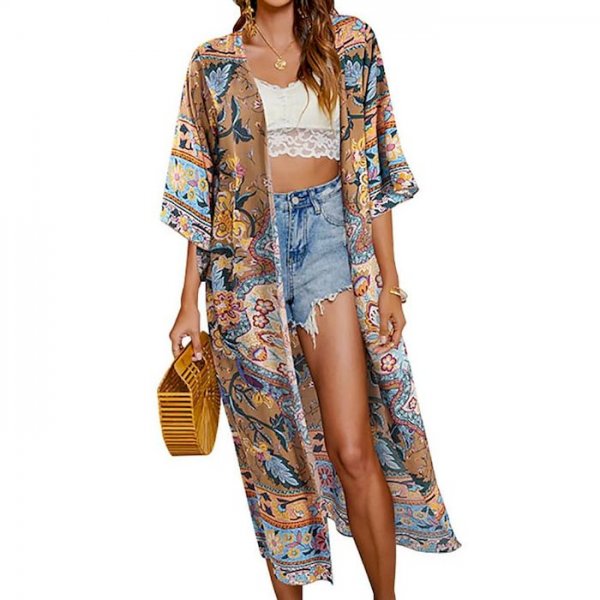 Women's Trench Coat Daily Holiday Summer Maxi Coat Loose Boho Jacket Half Sleeve Print Print Red