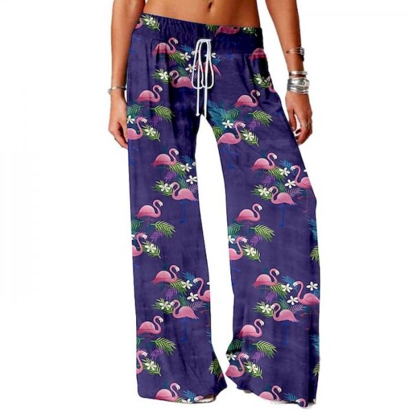 Women's Basic Soft Comfort Loose Daily Home Chinos Pants Flamingo Leaves Print Full Length Elastic Drawstring Design Print Purpl